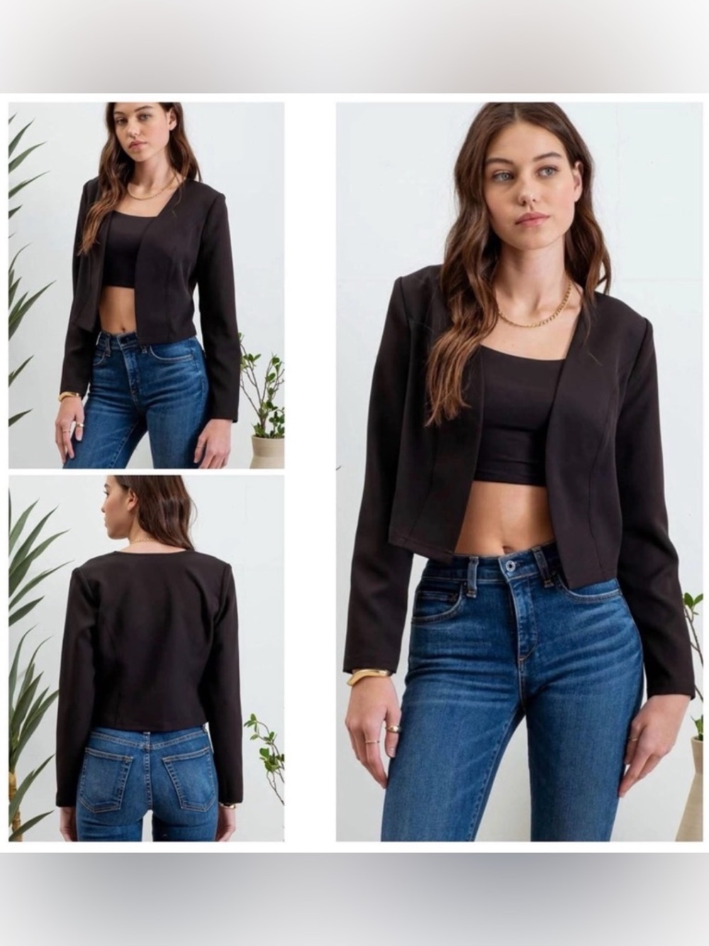 Black Cropped Open-Front Blazer Jacket - Women